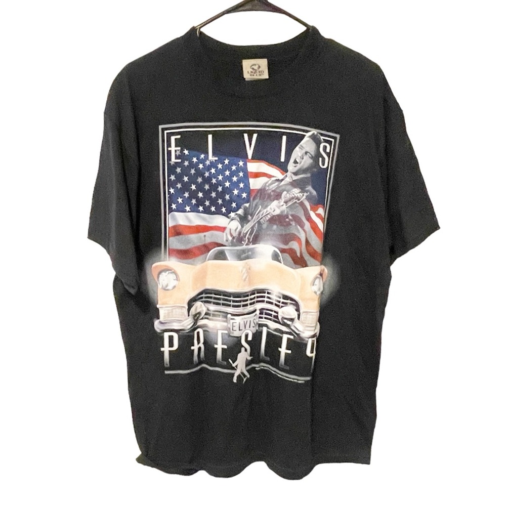 Liquid Blue Mens Large Elvis Presley Pink Cadillac USA Flag Blackโ T-Shirt